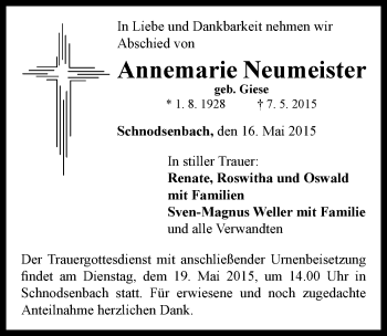 Traueranzeige von Annemarie Neumeister von Neustadt/ Scheinfeld/ Uffenheim