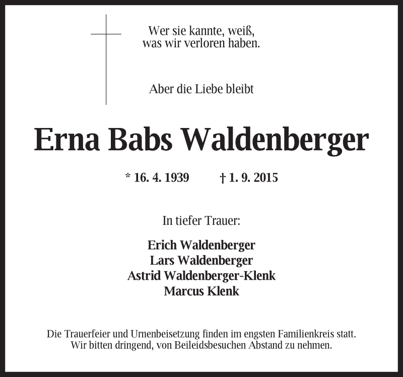  Traueranzeige für Erna Babs Waldenberger vom 03.09.2015 aus Dinkelsbühl/ Feuchtwangen