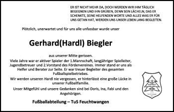 Traueranzeige von Gerhard Biegler von Dinkelsbühl/ Feuchtwangen