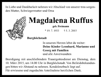 Traueranzeige von Magdalena Ruffus von Neustadt/ Scheinfeld/ Uffenheim