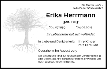 Traueranzeige von Erika Herrmann von Dinkelsbühl/ Feuchtwangen