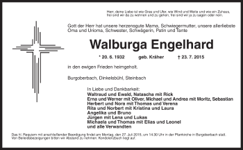 Traueranzeige von Walburga Engelhard von Ansbach