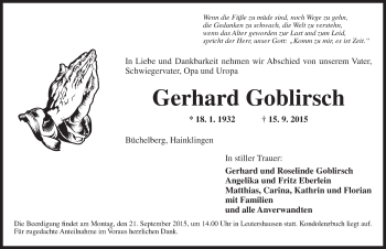 Traueranzeige von Gerhard Goblirsch von Ansbach