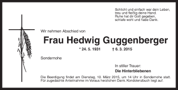 Traueranzeige von Hedwig Guggenberger von Ansbach