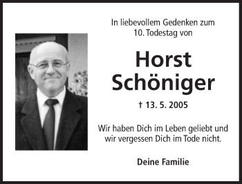 Traueranzeige von Horst Schöniger von Ansbach