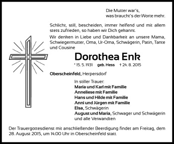 Traueranzeige von Dorothea Enk von Neustadt/ Scheinfeld/ Uffenheim