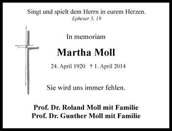 Traueranzeige von Martha Moll von Rothenburg