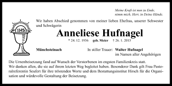 Traueranzeige von Anneliese Hufnagel von Neustadt/ Scheinfeld/ Uffenheim