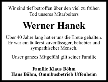 Traueranzeige von Werner Hanek von Neustadt/ Scheinfeld/ Uffenheim