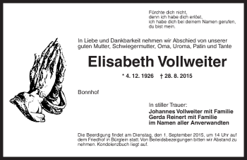 Traueranzeige von Elisabeth Vollweiter von Ansbach