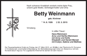 Traueranzeige von Betty Weinmann von Ansbach