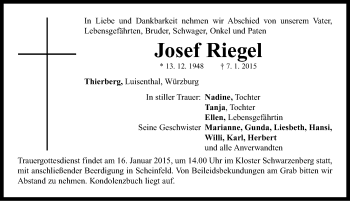 Traueranzeige von Josef Riegel von Neustadt/ Scheinfeld/ Uffenheim