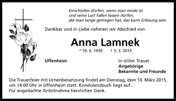 Traueranzeige von Anna Lamnek von Neustadt/ Scheinfeld/ Uffenheim