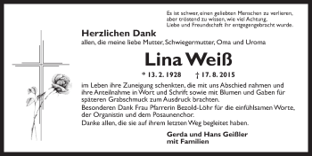 Traueranzeige von Lina Weiß von Dinkelsbühl/ Feuchtwangen