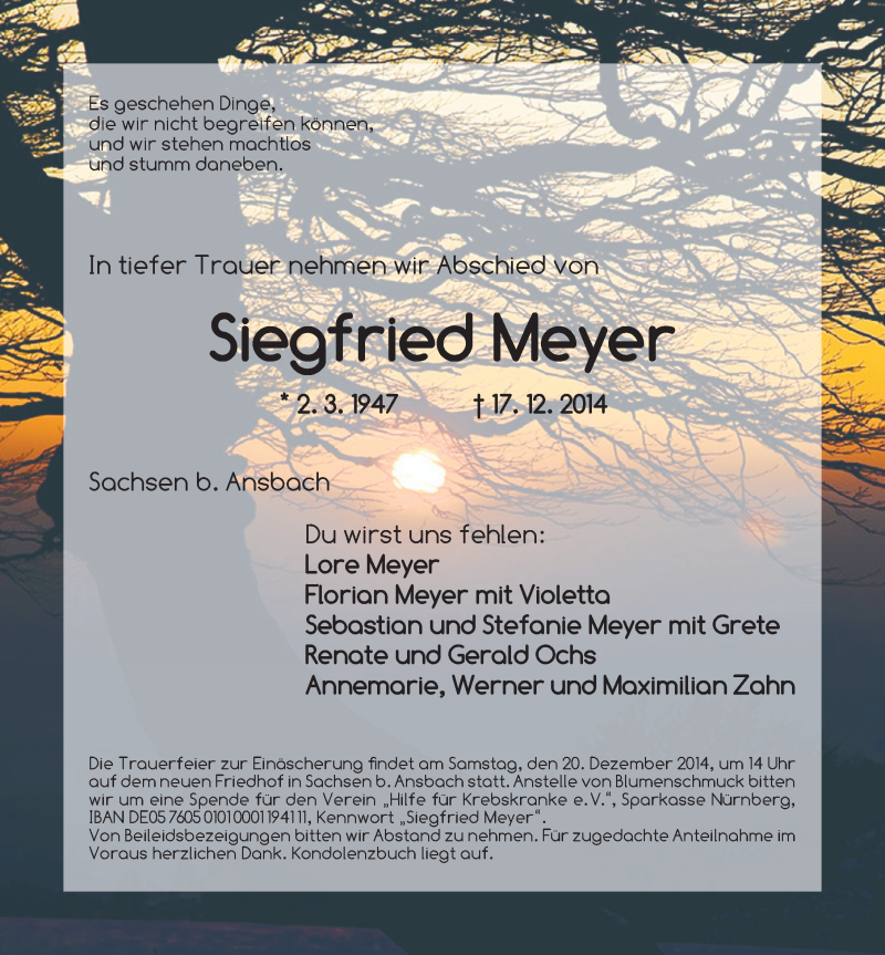  Traueranzeige für Siegfried Meyer vom 19.12.2014 aus Ansbach