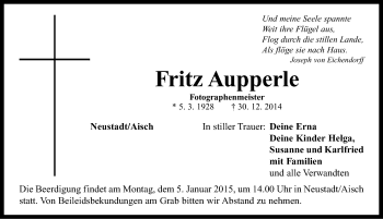 Traueranzeige von Fritz Aupperle von Neustadt/ Scheinfeld/ Uffenheim
