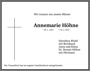 Traueranzeige von Annemarie Höhne von Neustadt/ Scheinfeld/ Uffenheim