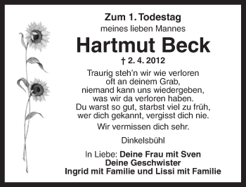 Traueranzeige von Hartmut Beck von Dinkelsbühl/ Feuchtwangen