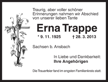 Traueranzeige von Erna Trappe von Ansbach