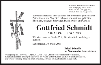 Traueranzeige von Gottfried Schmidt von Dinkelsbühl/ Feuchtwangen