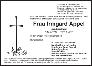 Traueranzeige von Irmgard Appel von Ansbach