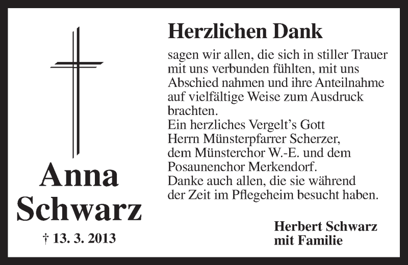  Traueranzeige für Anna Schwarz vom 02.04.2013 aus Ansbach
