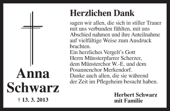 Traueranzeige von Anna Schwarz von Ansbach