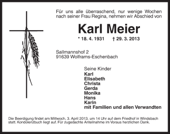 Traueranzeige von Karl Meier von Ansbach