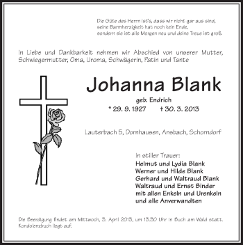 Traueranzeige von Johanna Blank von Ansbach