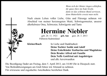 Traueranzeige von Hermine Niebler von Neustadt/ Scheinfeld/ Uffenheim