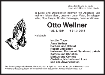 Traueranzeige von Otto Wellner von Dinkelsbühl/ Feuchtwangen