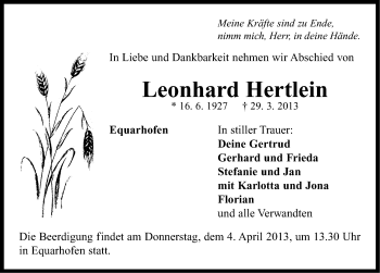 Traueranzeige von Leonhard Hertlein von Neustadt/ Scheinfeld/ Uffenheim