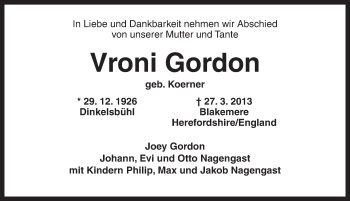 Traueranzeige von Vroni Gordon von Dinkelsbühl/ Feuchtwangen