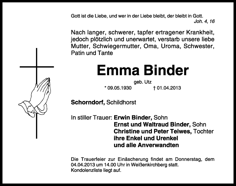  Traueranzeige für Emma Binder vom 03.04.2013 aus Dinkelsbühl/ Feuchtwangen