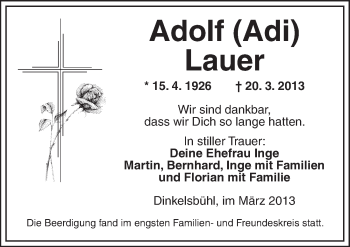Traueranzeige von Adolf Lauer von Dinkelsbühl/ Feuchtwangen