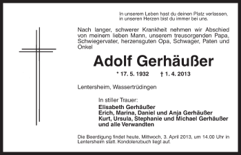 Traueranzeige von Adolf Gerhäußer von Dinkelsbühl/ Feuchtwangen