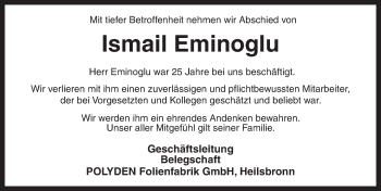 Traueranzeige von Ismail Eminoglu von Ansbach