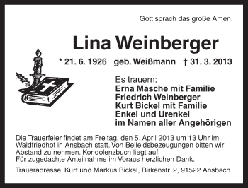 Traueranzeige von Lina Weinberger von Ansbach
