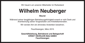 Traueranzeige von Wilhelm Neuberger von Dinkelsbühl/ Feuchtwangen