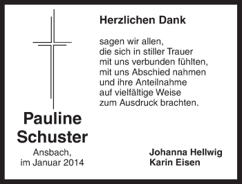 Traueranzeige von Pauline Schuster von Ansbach