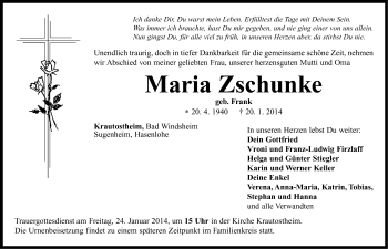 Traueranzeige von Maria Zschunke von Neustadt/ Scheinfeld/ Uffenheim