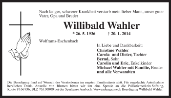 Traueranzeige von Willibald Wahler von Ansbach