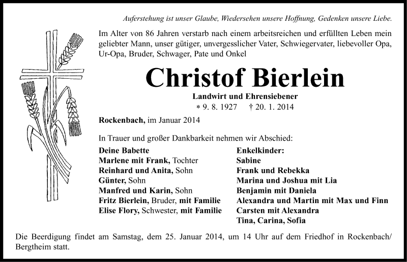  Traueranzeige für Christof Bierlein vom 23.01.2014 aus Neustadt/ Scheinfeld/ Uffenheim