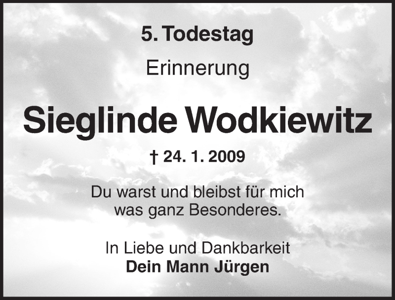  Traueranzeige für Sieglinde Wodkiewitz vom 24.01.2014 aus Ansbach