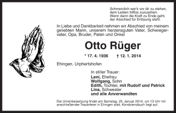 Traueranzeige von Otto Rüger von Dinkelsbühl/ Feuchtwangen