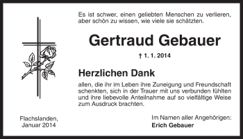 Traueranzeige von Gertraud Gebauer von Ansbach