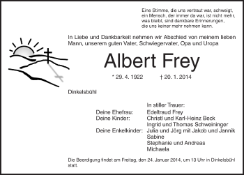 Traueranzeige von Albert Frey von Dinkelsbühl/ Feuchtwangen