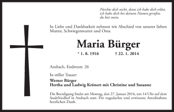 Traueranzeige von Maria Bürger von Ansbach