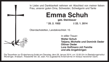 Traueranzeige von Emma Schuh von Ansbach