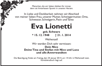 Traueranzeige von Eva Lionetti von Ansbach